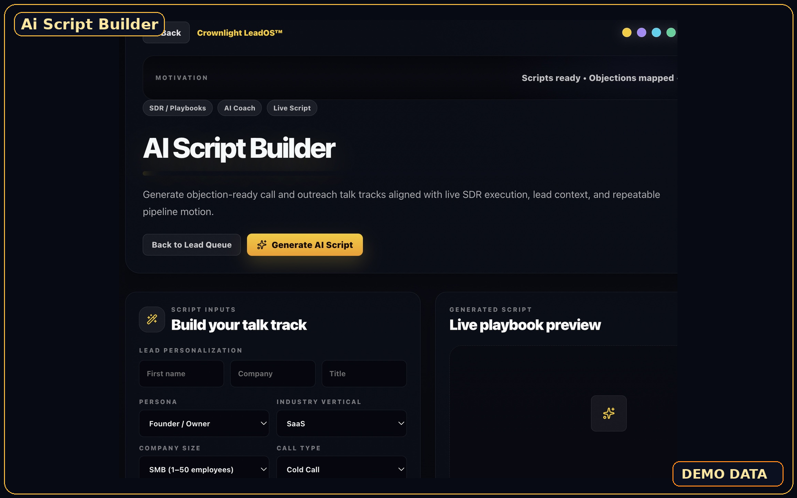 LeadOS AI Script Builder: objection-ready call and outreach talk tracks generated per lead