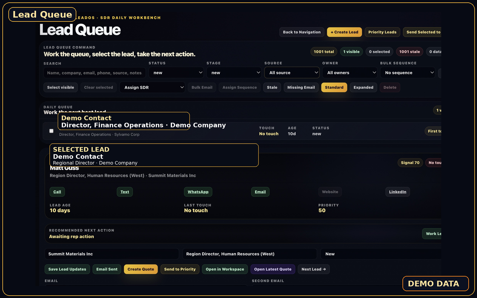 LeadOS Lead Queue: prioritized leads with next best action
